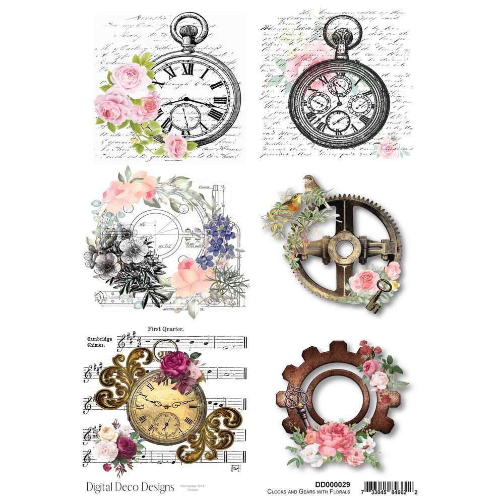 Clocks n Gears Florals - A4 DDD Rice Paper